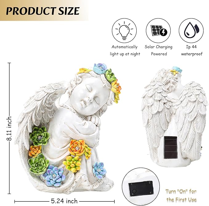 Solar Cherub Angel Outdoor Garden Decor Statues - 8 inches Angel Figurines Outdoor Sculptures with Succulent, Garden Statues for Outside, Patio, Balcony, Lawn Ornaments or Housewarming Gift