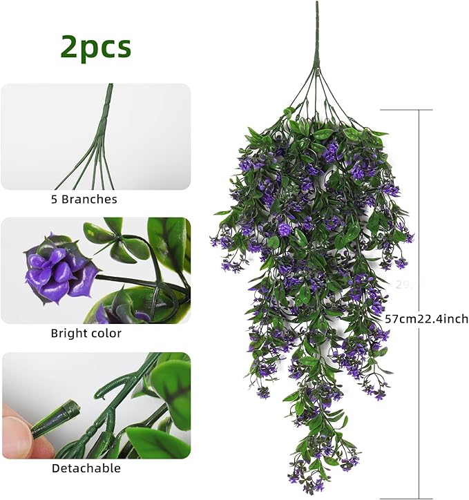 RECUTMS 2Pcs Artificial Hanging Plants Fake Vines Fake Plants Outdoor Greenery Artificial Flower for Outdoors Hanging Basket Plastic Home Garden Wedding Party Decorations(Purple)