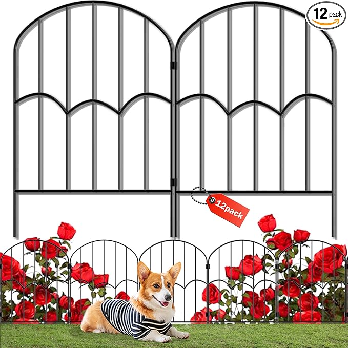 12 Panels Decorative Garden Fence Dog Fence Outdoor for Yard 13ft (L) X 2ft (H) Black Animal Barrier with No-Dig Stakes Arched Rustproof Metal Wire Decorative for Flower Landscaping and Garden Edging
