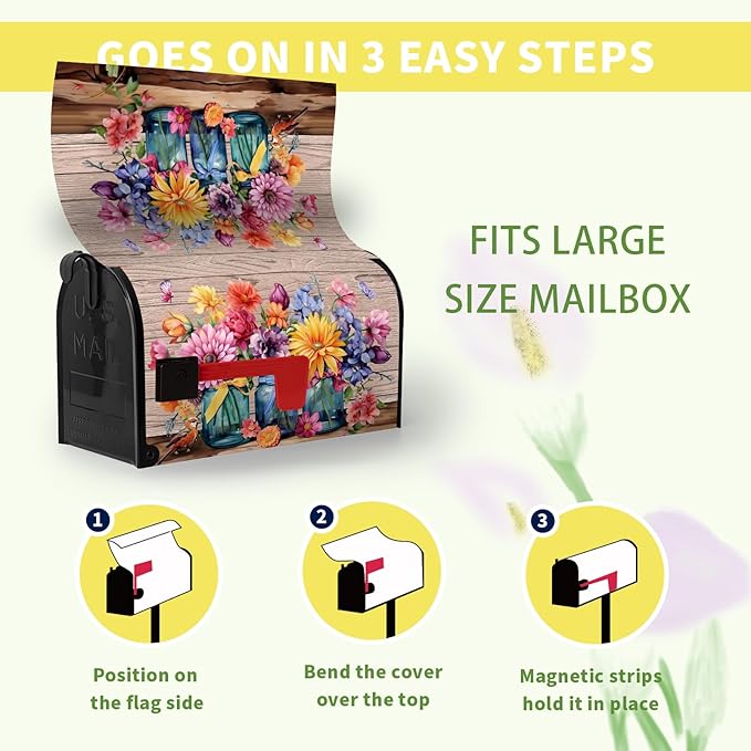 Fall Floral Mailbox Cover Magnetic Oversized Butterfly Daisy Jars Rustic Mailbox Wraps Autumn Colorful Flowers Mail Box Covers Decals Letter Post Box Outdoor Decor Large Size 25.5 X 21 Inch