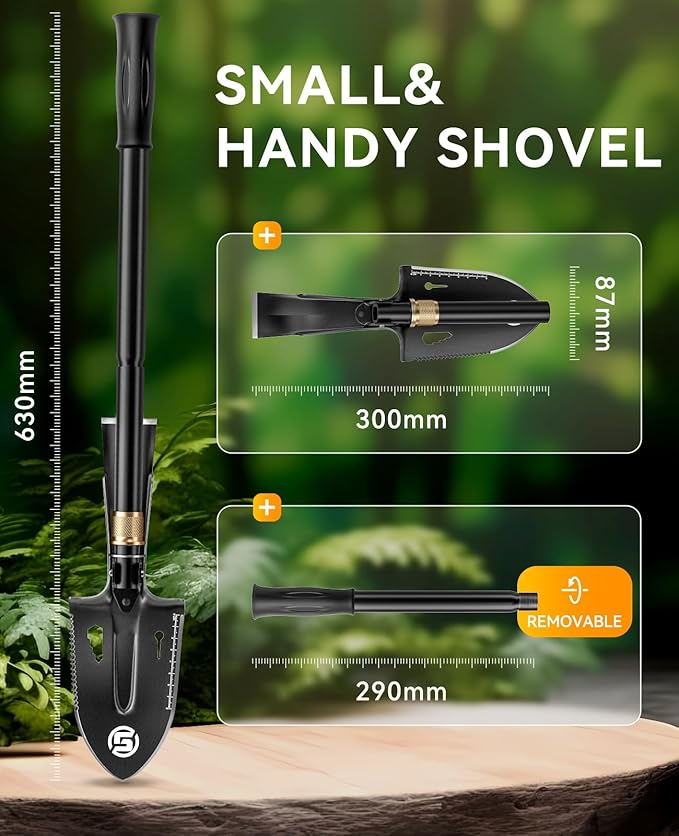 SUNPOW Shovels for Digging, Camping Shovel, Portable Shovel for Gardening, Digging, Metal Detecting, Hiking, Car Emergency - Multifunctional Lightweight Outdoor Shovel, Black, SPMS02