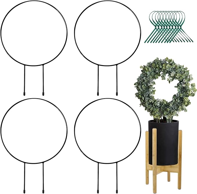 Legigo Black Metal Plant Trellis for Climbing Plants- Iron Trellis Plant Vine Stem Support Wire, Plants Climbing Holder Rack with 10 Plant Twist Tie for Potted Plants Flowers Indoor (4 Circle)