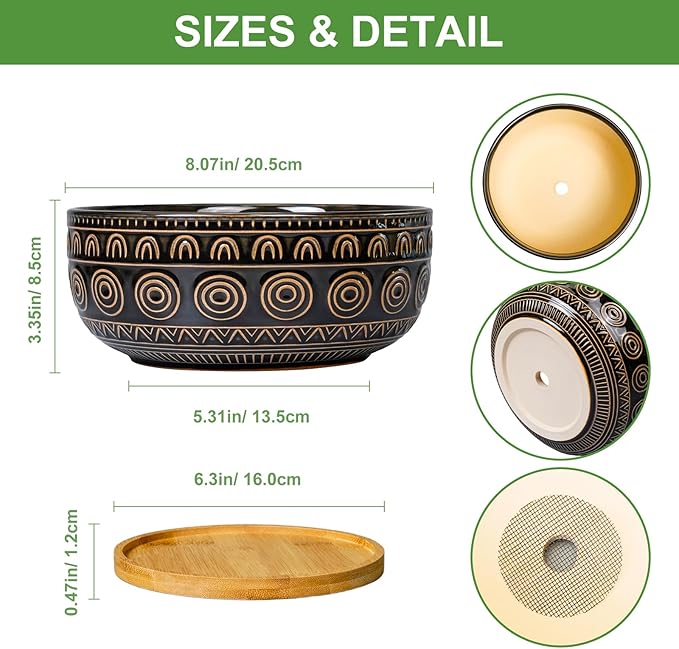 Ceramic Bonsai Pots - 8 Inch Plant Pot for Succulent, Round Planter for Indoor Plants, Shallow Planters with Drainage Hole and Tray, Boho Bonsai Bowl, Living Room Decor, Black