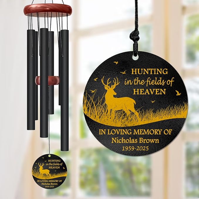 Personalized Hunting Memorial Wind Chime – “Hunting in The Fields of Heaven” Wind Chimes– Custom Name & Years – Outdoor Sympathy Gift for Hunters, Dad, or Grandpa – Memorial Garden Décor