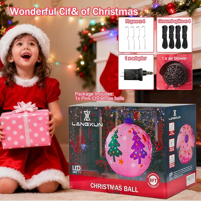 LANGXUN 8ft Pink Christmas Ball Inflatable Outdoor Indoor Decor, Giant Blow Up IP44 Weatherproof Xmas Decorations for Yard, Built-in 7-Color LED Rotating Light for Gardern Lawn Winter Holiday