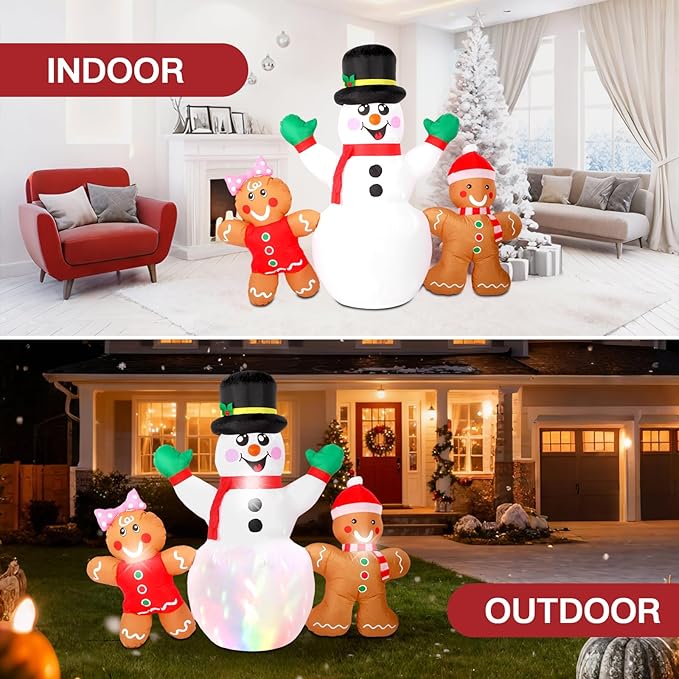 6FT Christmas Inflatables Decorations Outdoor，Blow Up Christmas Snowmen and Gingerbread Men with Built-in LEDs Lights for Indoor Holiday Party Yard Garden Lawn Décor