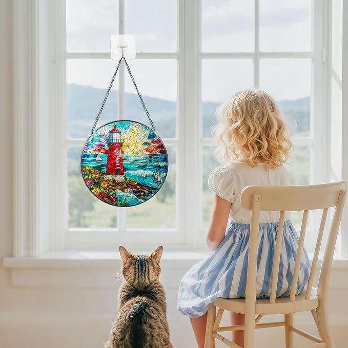 Suncatcher Stained Glass Window Hanging - Lighthouse Glass Panel with Metal Chain and Hooks Handmade Sun Catcher Decoration for Window Garden Home Christmas & Birthday Gifts (8 Inch)