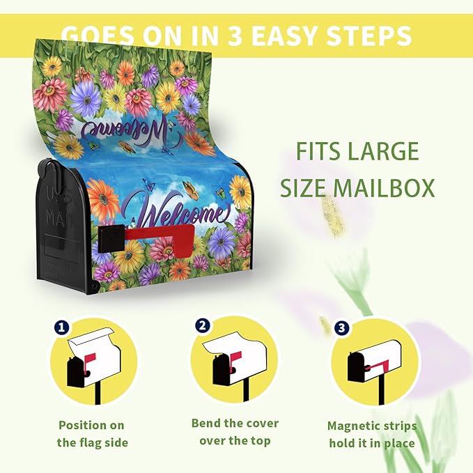 Summer Mailbox Covers Magnetic Oversized Flower Daisy Butterfly Mailbox Wraps Gerbera Welcome Fall Mailbox Post Cover Colorful Floral Mailbox Decor for Garden Yard Large Size 25.5 x 21 Inch