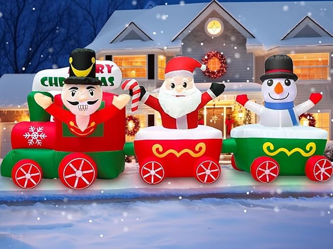 12 Ft Long 4 Ft Tall Christmas Inflatable Train with Nutcracker, Santa Claus and Snowman, Christmas Decorations Outdoor Blow Up Xmas Train Carriage with Build-in LEDs Holiday Party Garden Yard Decor
