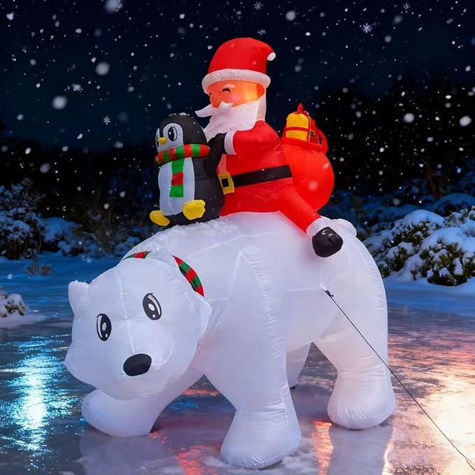 6FT Christmas Inflatable Santa Riding Polar Bear with Penguin Decorations, LED Light Up & Built-in Speaker, Blow Up Outdoor Indoor Xmas Yard Decor for Lawn Garden Party Holiday Season