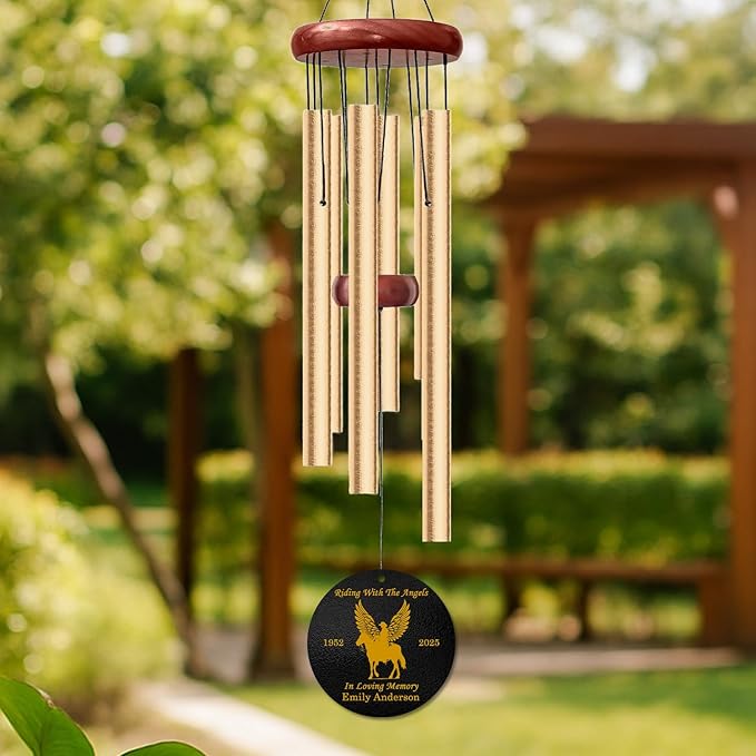 Personalized Cowboy Memorial Wind Chime – “Riding with The Angels” Custom Name & Years – Winged Horse Engraved Western Sympathy Gift – Outdoor Remembrance Windchime for Loss of Loved One