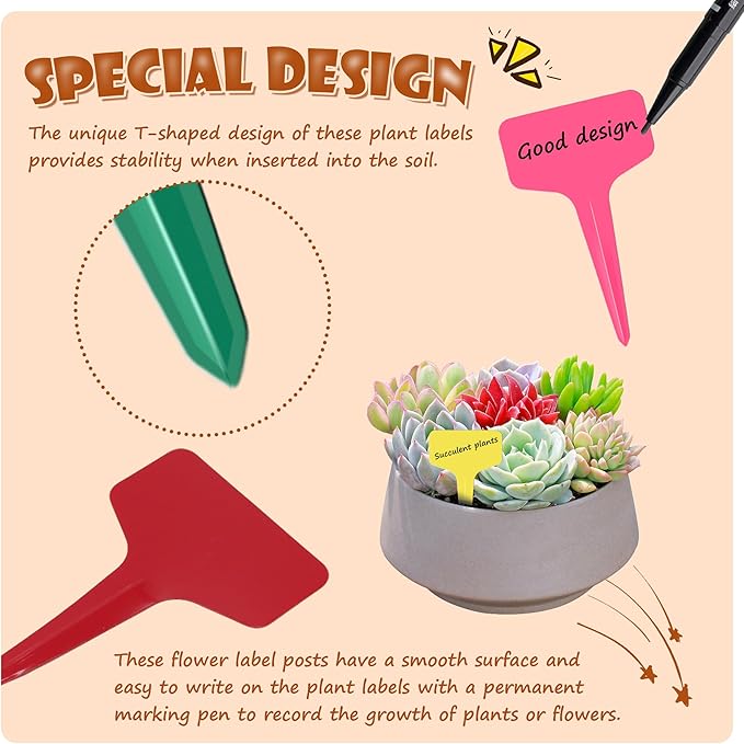 200Pcs Plant Labels Waterproof Plastic Garden Labels T-Type Flower Name Tags Seedling Marker Nursery Plant Tags with Permanent Marking Pen for Flowers Agriculture Horticulture (5 Color)