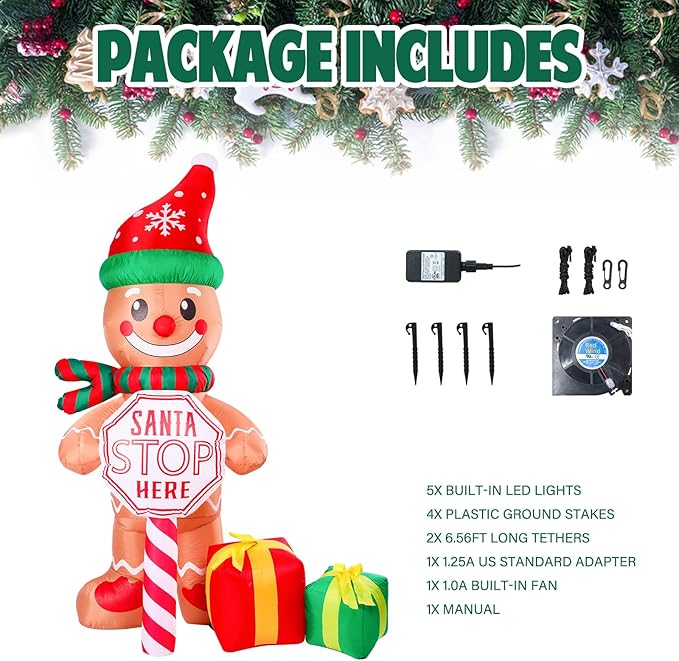 Vipush 7.2 FT Santa Stop Here Sign Christmas Inflatable The Gingerbread Man with LED Lights for Christmas Decorations Indoor Outdoor Yard Lawn Holiday Garden Decorations