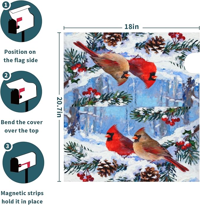 Winter Christmas Cardinal Mailbox Covers Magnetic Standard Size Pinecone Holly Twig Bird Snow Scene Holiday Outdoor Decorative Seasonal Letter Box Cases for Home Garden Outside Decor, 21x18 Inch