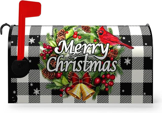 Merry Christmas Mailbox Covers Magnetic Standard Size Winter Buffalo Plaid Mailbox Post Cover Xmas Snowflake Mailbox Wraps Holiday Decor Waterproof 21 X18 Inch