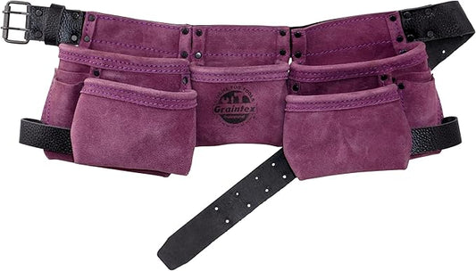 Graintex DS2213 :: 9 Pocket Children Tool Belt Purple Color Suede Leather, Kids Real Tool Belt, Boys and Girls Tool Apron for Home Improvement, 1.1/2" Leather Belt, Hammer Loops
