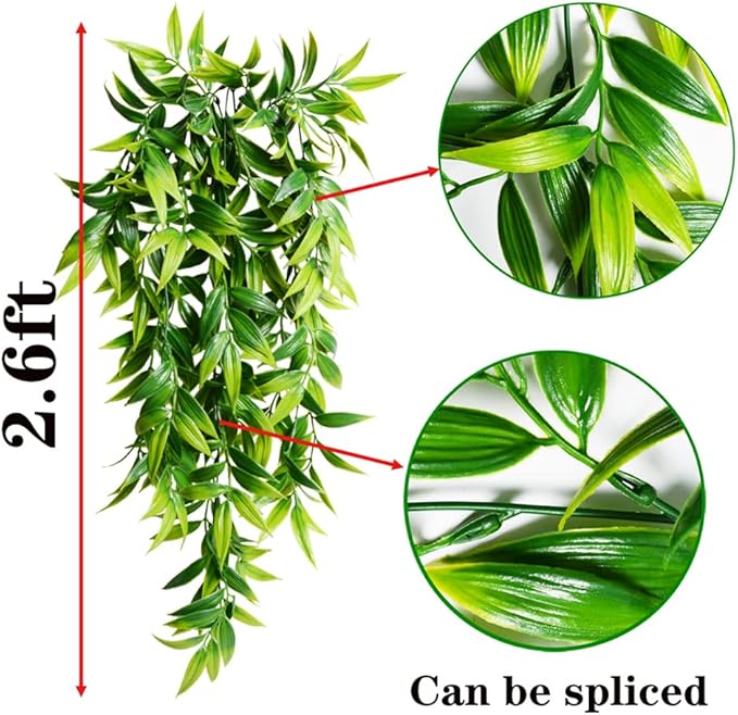 SzJias Artificial Hanging Plants Fake Bamboo Leaves Plants Fake Hanging Plants for Patio Porch Outdoor Plants Decor (2 Pcs)