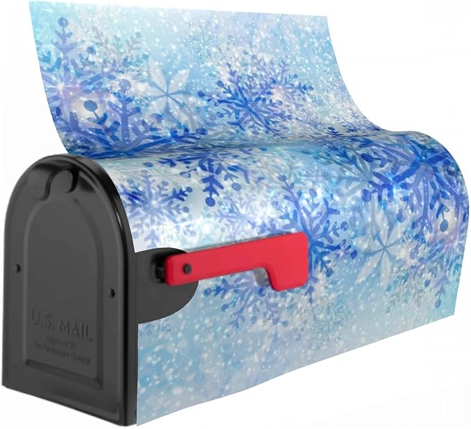 Winter Snowflakes Mailbox Cover Magnetic, Xmas Blue White Falling Snow Waterproof Mailbox Wrap Post Cover for Yard Garden Outside Home Seasonal Decor, Standard Size 21x18 Inch