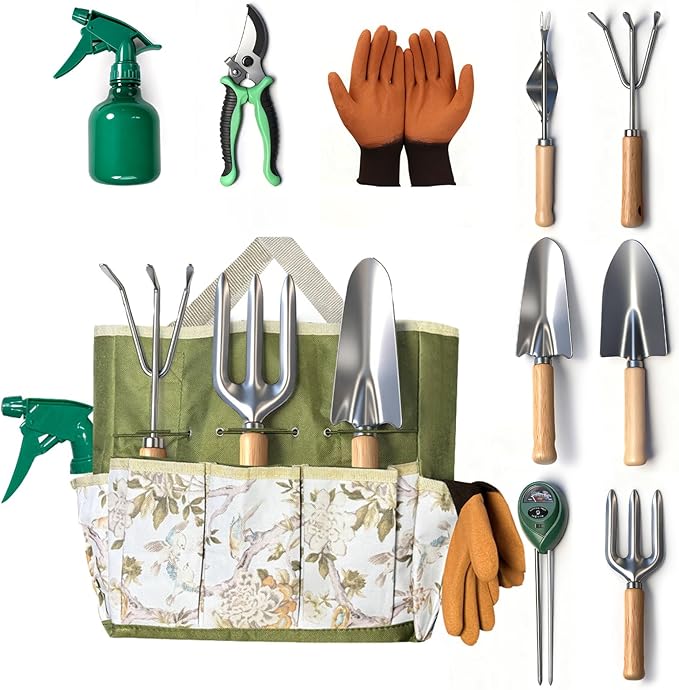 10-Piece Premium Gardening Tool Set—Includes A Moisture Meter, Heavy-Duty Rust-Resistant Stainless Steel Tools with A Storage Carry Bag. The Perfect Gardening Gift for Both Men and Women (Green)