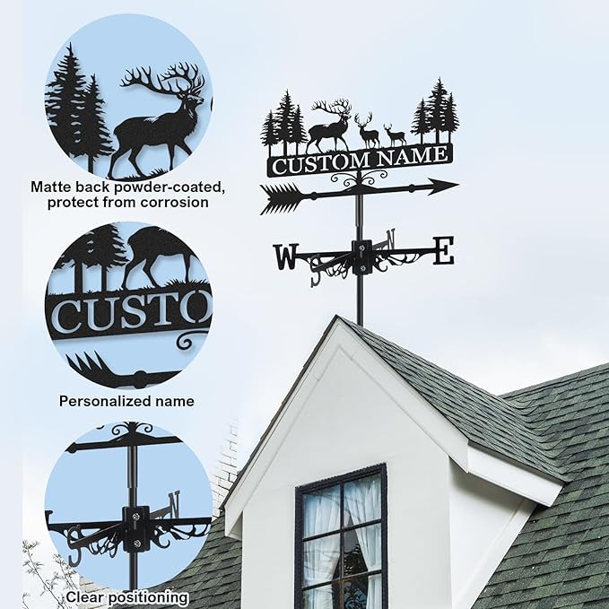 Personalized Deer Metal Weather Vane, Custom Family Name Weathervane, Wind Direction Indicator, Weather Vanes Roof Mount, Wind Vane Outdoor Decor for Farmhouse Garden Shed, Housewarming Gifts