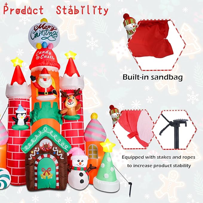 9.6 FT Christmas Inflatable Decorations, Inflatable Candy Castle with Santa, Snowman and Reindeer Blow Up Castle Yard Decorations Built-in LED Lights for Xmas Garden Lawn Patio Decor