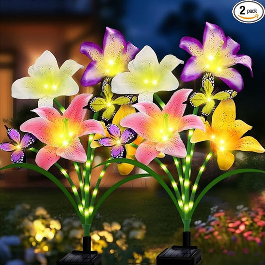 Solar Garden Lights 2 Pack with 8 lilies Outdoor Decorative flower Lights for Garden, Gift for family and Friends, IP65 Waterproof flower Solar Outdoor Stake Light for Yard Patio Lawn Pathway