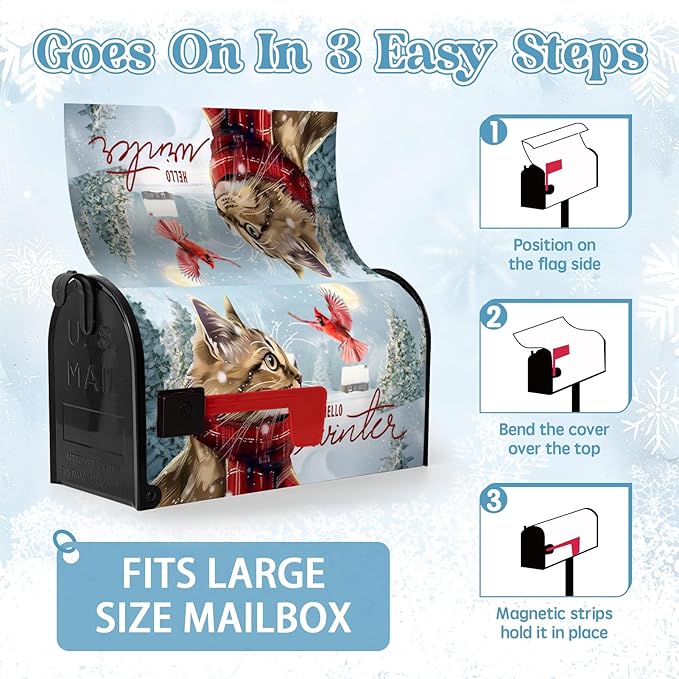 Hello Winter Oversize Magnetic Mailbox Cover - Hello Kitty Cardinal Snowy Waterproof Post Letter Cover - Rustic Snow Tree Red Bird Mailbox - Large Size 25.5" L x 21" W