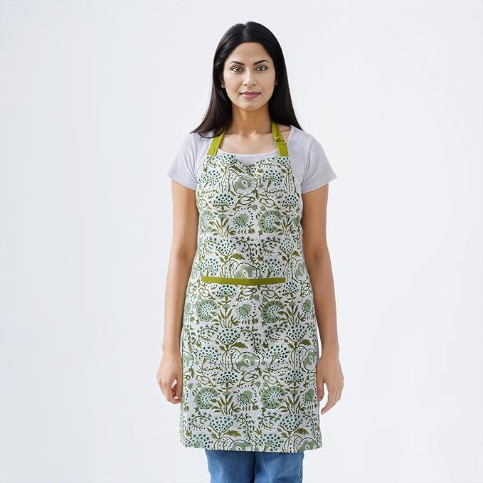 CPC Cotton Floral Kitchen Apron for women with Pocket and Adjustable Neck Ties. Apron for Women Men Chef-Hand Block Printed