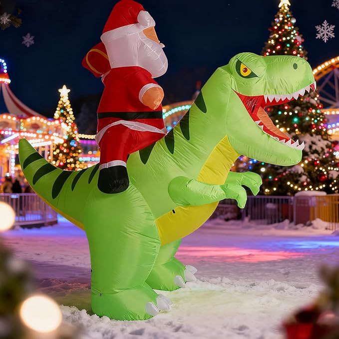 8.7x8FT Christmas Inflatable Santa Claus Ride on Dinosaur, Christmas Inflatables Santa Outdoor Decoration with LED Lights, Inflatable Christmas Decorations Xmas Party Decor