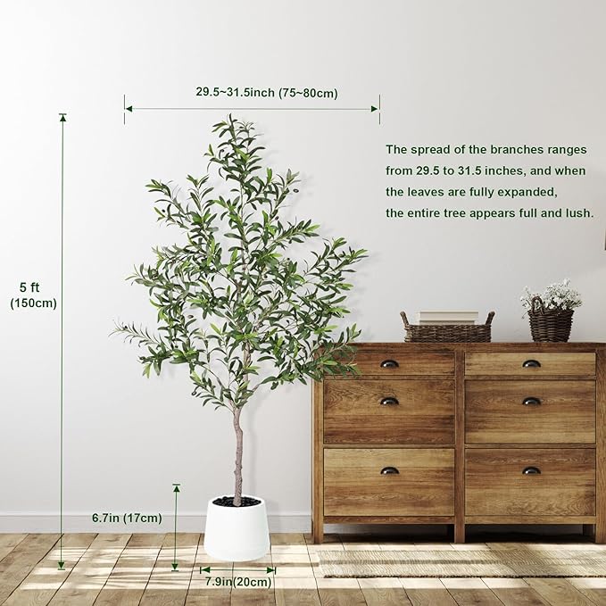 Artificial Olive Trees Indoor,Faux Olive Tree with White Planter Pot,Artificial Plants Lifelike Fruits for Home Office MeetingRoom Living Room Indoor Outdoor Decor(5ft)