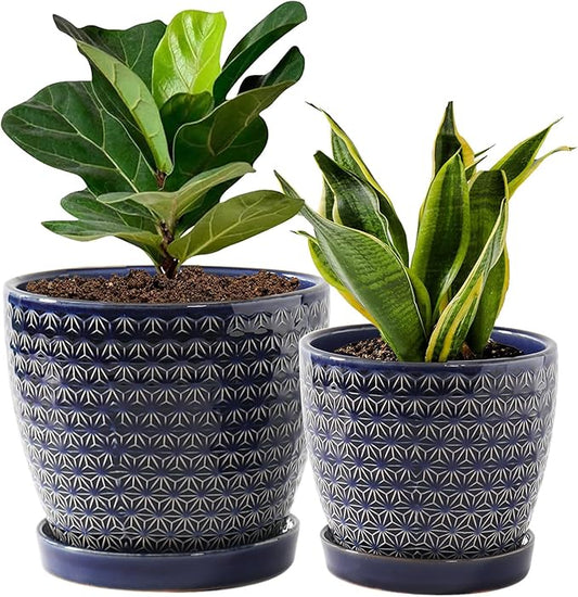 Plant Pots, Planters for Indoor Plants, Ceramic Plant Pots, 6.5+5.5 inch Plant Pot with Drainage and Saucer, Pots for Plants with Hole Mesh Pad, Set of 2, Reactive Glaze Blue
