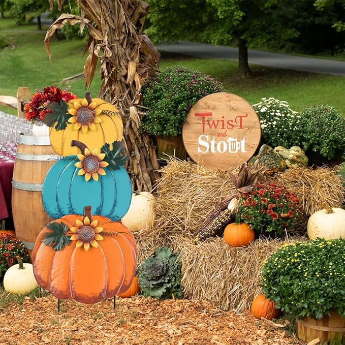 PHITRIC Fall Decorations for Home Outdoor, 3 Stacked Pumpkins Decorative Garden Stakes for Fall Decor, Metal Yard Signs for Outside Garden Yard Porch Lawn Thanksgiving Decorations