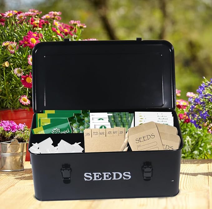 Garden Seed Box, Black Metal Seed Storage Box, Seed Storage Organizer Case with 4 Dividers, Seeds Packet Container for Gardening, Seed Envelope Storage Box with Portable Handle & Safety Lock