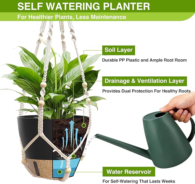 Set of 2 Hanging Planters for Indoor Plants with Self Watering Includes Hanging Pots and 2 Types Plant Hangers, Outdoor Hanging Baskets Holder for Home Garden, 10 Inch Midnight Black