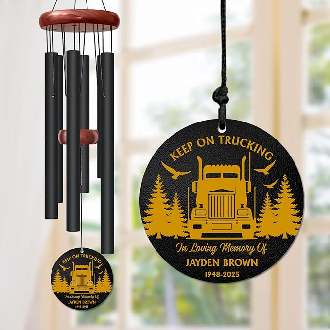 Personalized Trucker Memorial Wind Chime – “Keep On Trucking” Custom Name & Years – Outdoor Sympathy Gift for Truck Driver Families – Memorial Windchimes for Loss of Loved One – Remembrance Décor
