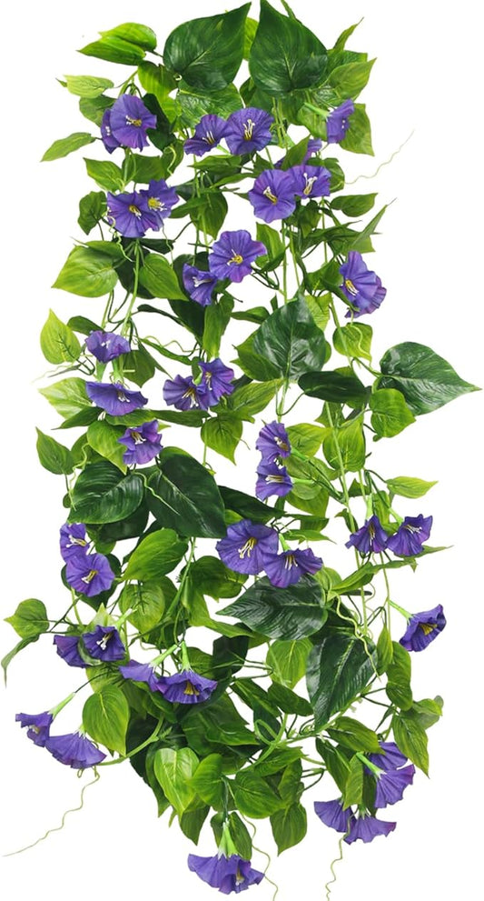 CISDUEO 2 Pcs Artificial Vines Silk Morning Glory Vines for Outdoor 15Feet Purple Hanging Plants Garland Fake Green Plant Morning Glories for Home Decor Wall Fence Stairway Wedding Hanging Baskets