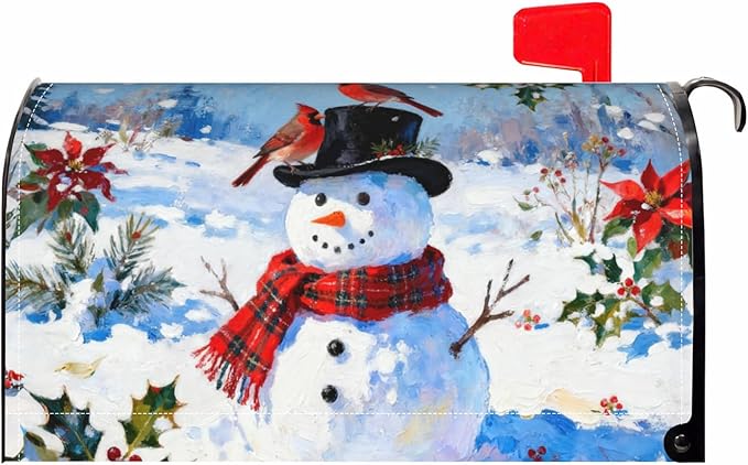 Winter Christmas Large Mailbox Covers Magnetic Oversized Snowman Cardinal Bird Floral Snow Scene Xmas Holiday Outdoor Decorative Seasonal Letter Box Cases for Home Garden Outside Decor, 25.5x21 Inch
