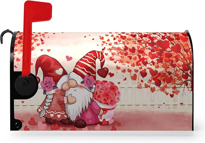Valentines Gnomes Kiss Mailbox Cover Standard Size 21 X 18 Love Hearts Rose Magnetic Mailbox Covers Red Letter Box Cover Wraps for Garden Yard