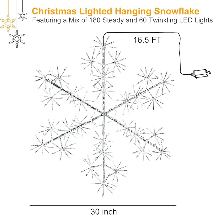 Hanging Christmas Snowflake Lights, 30’’ Large Silver Snowflake with 240 Cool White LEDs Twinkle for Indoor Outdoor Decorations