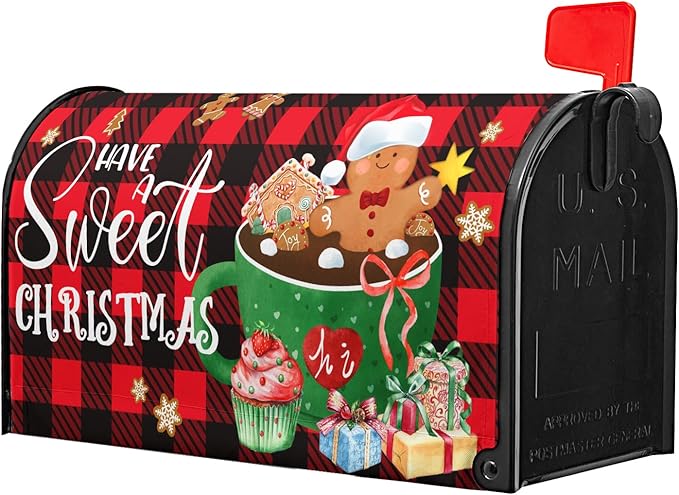 21"x18" Gingerbread Mailbox Cover Magnetic Standard Size Have A Sweet Christmas Cookies Mailbox Wrap Post Cover with Red Black Buffalo Plaids for Yard Garden Outside Holiday Decor