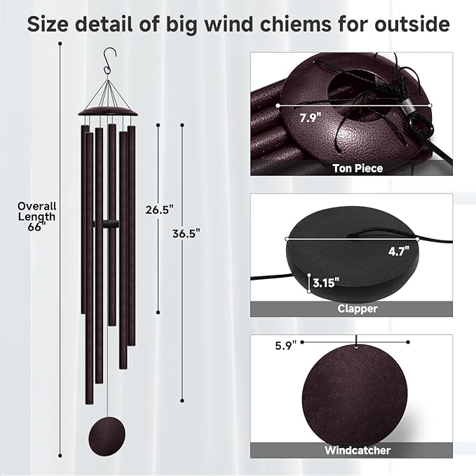 66" Extra Large Wind Chimes for Outside Deep Tone, 6 Thick and Bold Aluminum Tubes Tuned Relaxing Melody Wind Chime, Big Wind Chimes for Garden Patio Decor, Great Gift Idea for Mother's Day (Bronze)