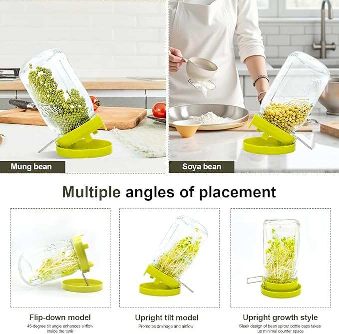 Wide Mouth Mason Jar Sprouting Kit with Sprouting Lids and Drainage Tray - Ideal for Bean, Alfalfa Sprouts and Microgreens, Vertical and Angled Placement Support(Two lids and two drip trays)
