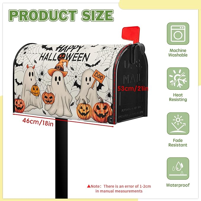 Happy Halloween Mailbox Covers Magnetic Boo Ghost Mail Box Cover Pumpkin Mailbox Wraps Magnetic Standard Size 21x18 inch for Outside Garden Yard Spider Web Bat