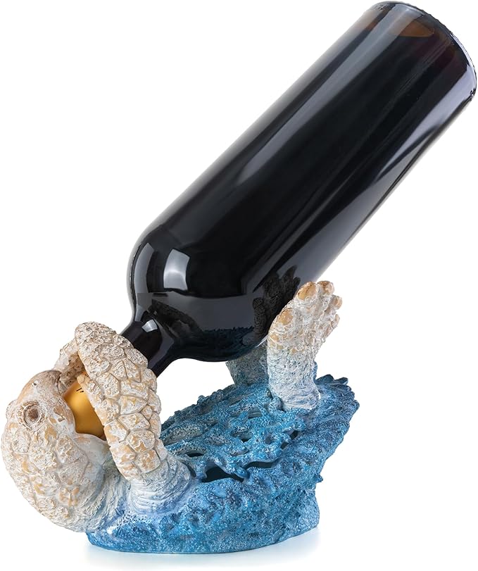 VVGIFTS Sea Turtle Decorative, Figurine Sea Turtle Wine Bottle Holder, Coral Reef Design Coastal Beach Decor, Resin Statue for Home Desk Tabletop, Ornament Gift Decorations (Aqua Blue)