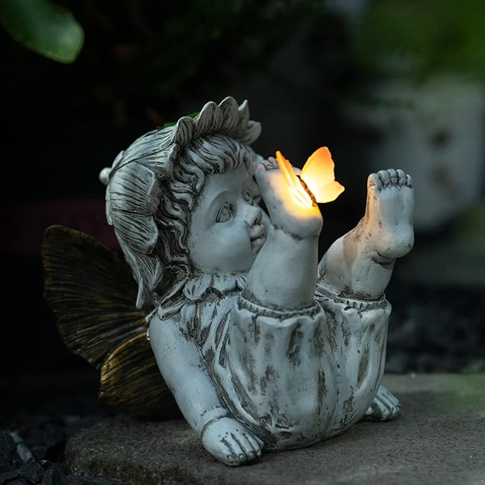 Fairies for Fairy Garden Solar Decor - Fairy Figurines Resin Outdoor Statues Ornaments with Light up Butterfly for Patio,Lawn,Yard,Porch,Outside Angel Gifts