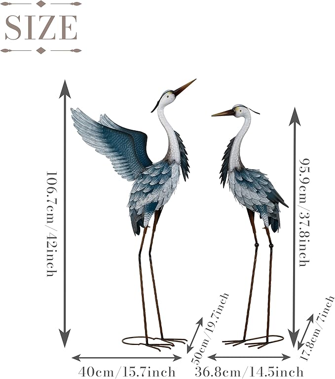 TERESA'S COLLECTIONS Garden Decor Blue Heron Metal Yard Art,38-42" Large Metal Cranes Sculptures & Statues Heron Decoy for Outdoor Indoor Decorations,Outside Patio,Pool, Lawn,Set of 2,Gift for Mom