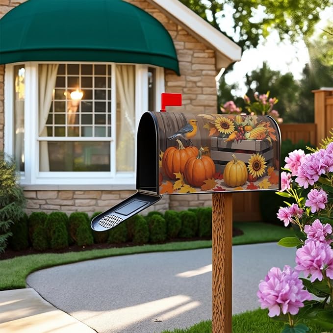 Fall Thanksgiving Mailbox Covers Magnetic Standard Size Autumn Pumpkin Birds Sunflower Harvest Themed Seasonal Outdoor Decorative Letter Box Cases for Home Garden Outside Decor, 21x18 Inch