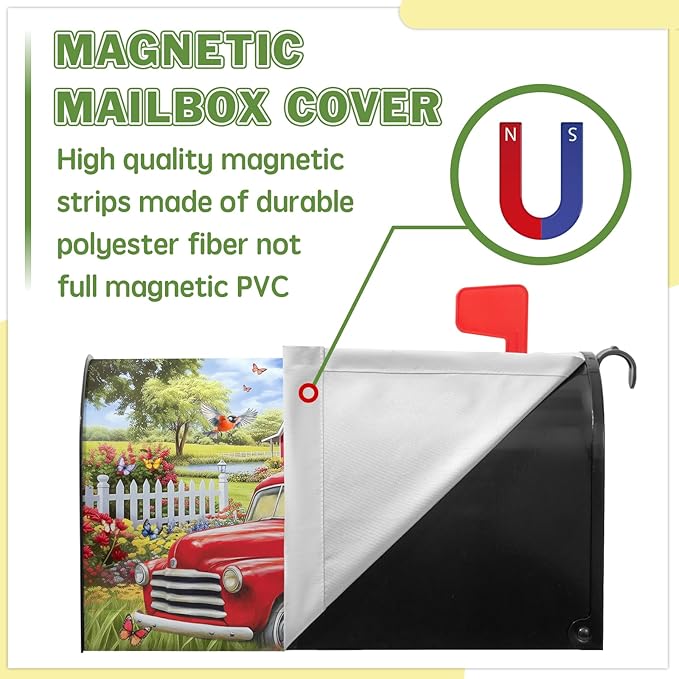 Red Truck Mailbox Cover Summer Mailbox Covers Magnetic Colorful Floral Mail Box Cover Standard Size 21x18 inch Decorations for Outside Garden Farmhouse Spring Butterfly
