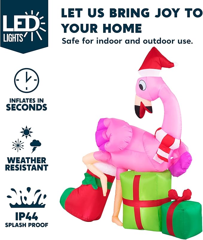Joiedomi 6 FT Christmas Flamingo with Gift Box Inflatable Decorations with Build-in LEDs Blow Up Elegant Flamingo Inflatables for Xmas Party Indoor, Outdoor, Yard, Garden, Lawn Décor, Holiday Season