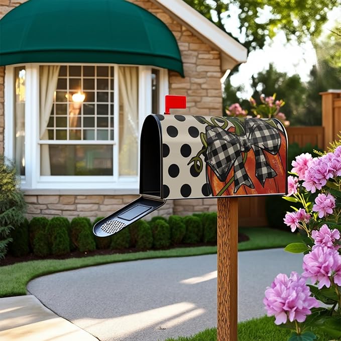 Fall Large Mailbox Covers Magnetic Oversized Pumpkin Autumn Polka Dot Plaid Thanksgiving Mailbox Wraps Holiday Theme Outdoor Decorative Letter Box Cases for Home Garden Outside Decor, 25.5x21 Inch